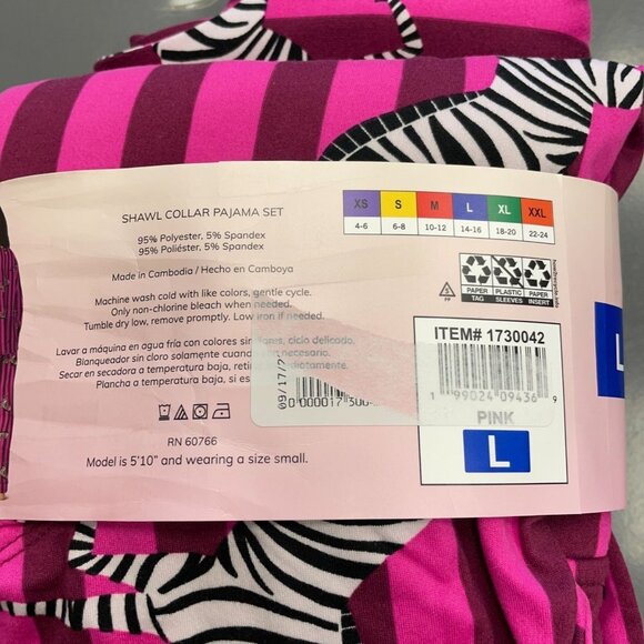 NEW Room Service Women's L Shawl Collar Pajama Set Pink Zebra & Stripe Pattern - Picture 9 of 11